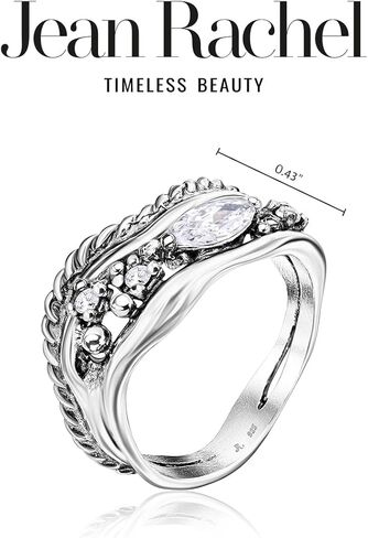 JEAN RACHEL JEWELRY 925 Sterling Silver Ring - Curved Rope with Marquise Cubic Zircona Vintage Design - Hypoallergenic, Lead & Nickel Free Jewelry - Artisan Handcrafted Statement Rings for Women in Saudi Arabia