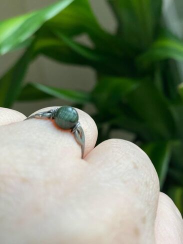 Green Chrysoberyl Cat's Eye Hand Hammered WireWrapped 6mm Bead Ring 4-16 Custom Wire, Stainless Steel-Silver-Bronze-Copper-Black Iron-Titanium-Niobium, 14K Gold-14K Rose Gold in Saudi Arabia