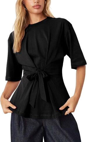 Womens Tie Waist Oversized T Shirt Crew Neck Half Sleeve Casual Belted Blouses Shirts Front Tie Cinch Waist Tops in Saudi Arabia