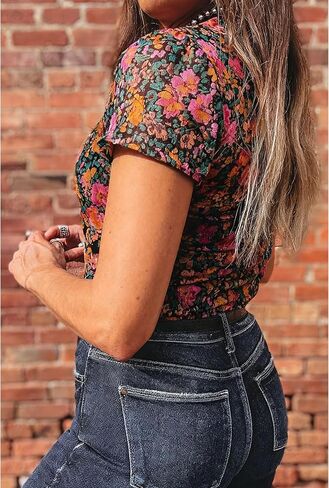 SELINK Long Sleeve Mesh Tops for Women Floral Print Sheer Blouses Mock Neck See Through Shirts in Saudi Arabia