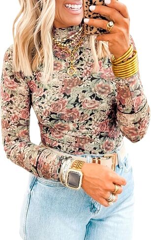 SELINK Long Sleeve Mesh Tops for Women Floral Print Sheer Blouses Mock Neck See Through Shirts in Saudi Arabia