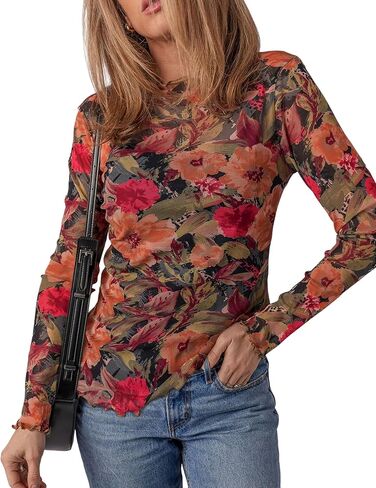 SELINK Long Sleeve Mesh Tops for Women Floral Print Sheer Blouses Mock Neck See Through Shirts in Saudi Arabia