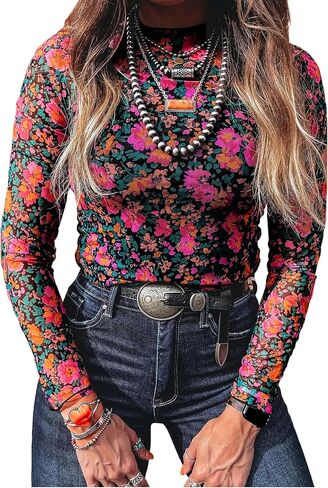 SELINK Long Sleeve Mesh Tops for Women Floral Print Sheer Blouses Mock Neck See Through Shirts in Saudi Arabia