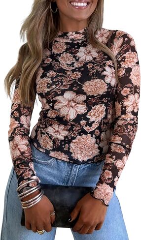 SELINK Long Sleeve Mesh Tops for Women Floral Print Sheer Blouses Mock Neck See Through Shirts in Saudi Arabia
