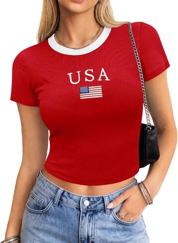 Clarisbelle Women's 4th of July Crop top American Flag Embroidery Y2K USA Patriotic Ribbed Short Sleeve Shirt XS - L in Saudi Arabia