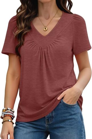 KKJ Womens T Shirts Ruched V Neck Puff Short Sleeve 2026 Dressy Casual Blouses Spring Summer Loose Fit Tops Business Clothes in Saudi Arabia