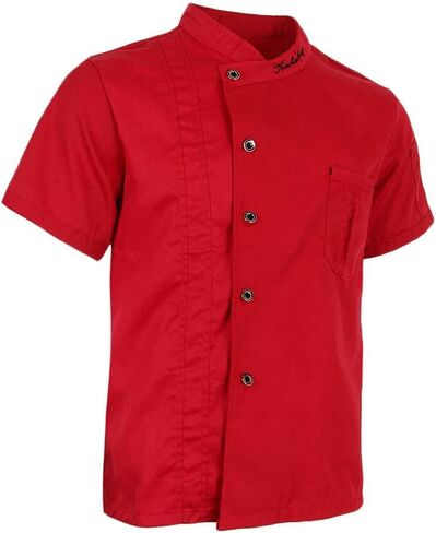 Chef Jacket Uniform Chef Coat Men Chef Jackets Short Sleeves Kitchen Uniform Cotton Soil Release Machine Washable Suitable for Wai, Red, L in Kuwait