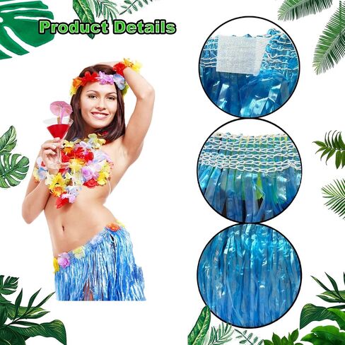 Hawaiian Hula Grass Skirt Adult Set, Blue | Flowers Costume, Matching Elastic Flowers, For Luau Beach Party, Tropical Party Decor in Kuwait