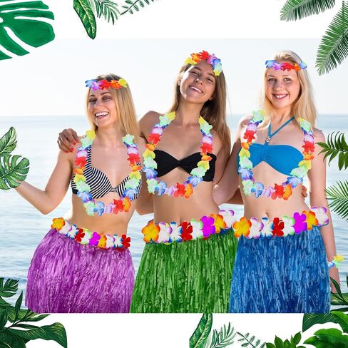 Hawaiian Hula Grass Skirt Adult Set, Blue | Flowers Costume, Matching Elastic Flowers, For Luau Beach Party, Tropical Party Decor in Kuwait