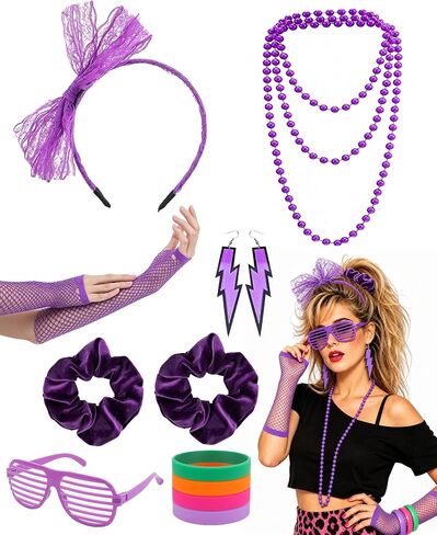 80s Outfit for Women - Neon Scrunchies Necklace Fishnet Gloves Bracelets Glasses and Earrings Headband for Cosplay in Saudi Arabia