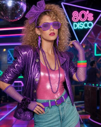 80s Outfit for Women - Neon Scrunchies Necklace Fishnet Gloves Bracelets Glasses and Earrings Headband for Cosplay in Saudi Arabia