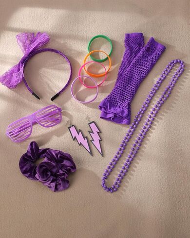80s Outfit for Women - Neon Scrunchies Necklace Fishnet Gloves Bracelets Glasses and Earrings Headband for Cosplay in Saudi Arabia