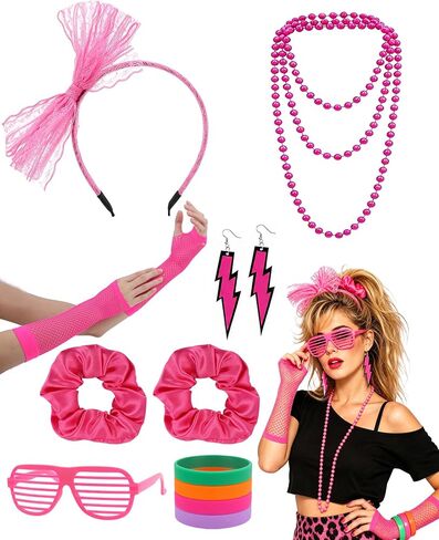 80s Outfit for Women - Neon Scrunchies Necklace Fishnet Gloves Bracelets Glasses and Earrings Headband for Cosplay in Saudi Arabia