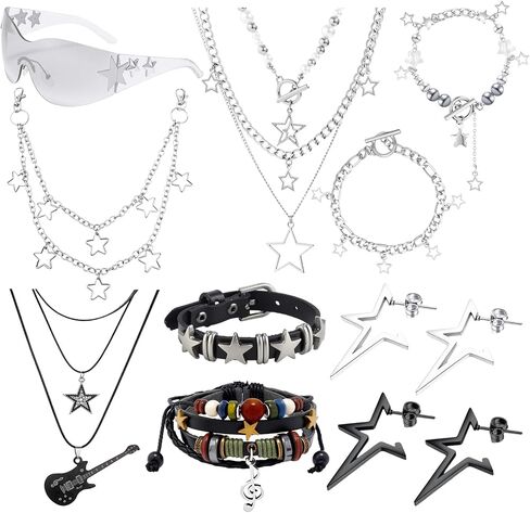 Y2k Accessories Set Y2k Jewelry Set Star Y2K Choker Necklace Sunglasses Earrings Pants Chain Bracelet Grunge Punk Rock Roll Star Accessories Grunge Emo Jewelry Gifts For Women in Saudi Arabia