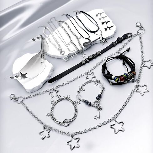 Y2k Accessories Set Y2k Jewelry Set Star Y2K Choker Necklace Sunglasses Earrings Pants Chain Bracelet Grunge Punk Rock Roll Star Accessories Grunge Emo Jewelry Gifts For Women in Saudi Arabia