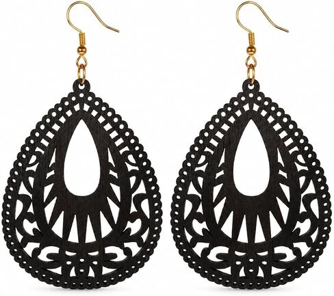 Boho Wood Earrings for Women Lightweight Teardrop Hollow Cutout Dangle Earrings Geometric Drop Earrings Statement Fashion Jewelry in Saudi Arabia