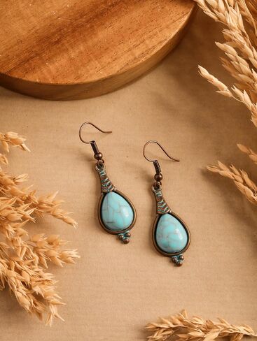 MINACHI Boho Antique Copper Tone Created Turquoise Teardrop Dangle Drop Earrings for Women, Vintage Western Tribal Jewelry Gift for Women in Kuwait