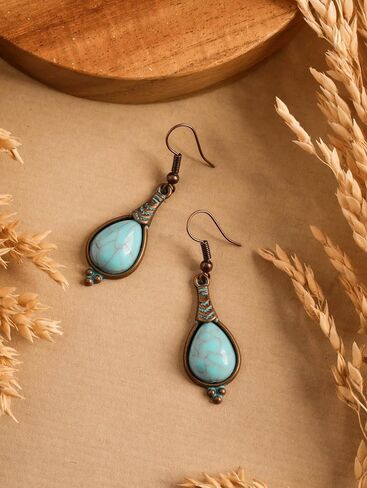 MINACHI Boho Antique Copper Tone Created Turquoise Teardrop Dangle Drop Earrings for Women, Vintage Western Tribal Jewelry Gift for Women in Kuwait