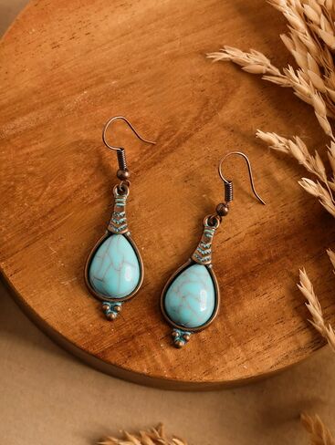 MINACHI Boho Antique Copper Tone Created Turquoise Teardrop Dangle Drop Earrings for Women, Vintage Western Tribal Jewelry Gift for Women in Kuwait