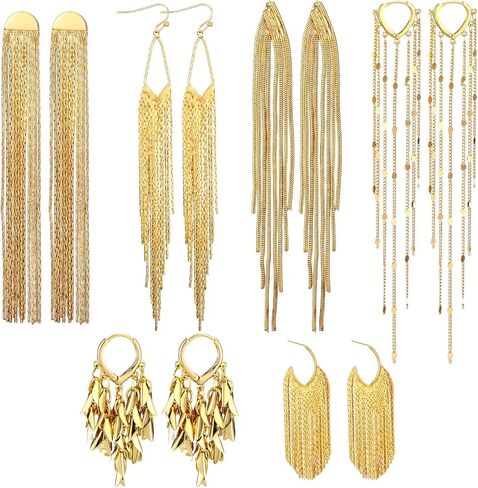 Nosiny 6 Pairs Long Tassel Dangle Earrings for Women Gold Long Chain Drop Fringe Earrings Set Hypoallergenic Statement Jewelry for Party Prom Women Wedding Gifts in Kuwait