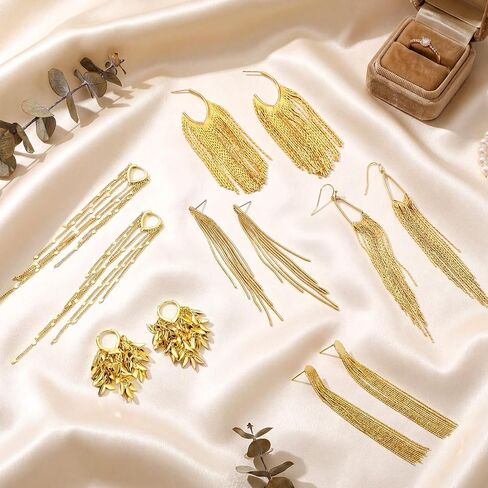 Nosiny 6 Pairs Long Tassel Dangle Earrings for Women Gold Long Chain Drop Fringe Earrings Set Hypoallergenic Statement Jewelry for Party Prom Women Wedding Gifts in Kuwait
