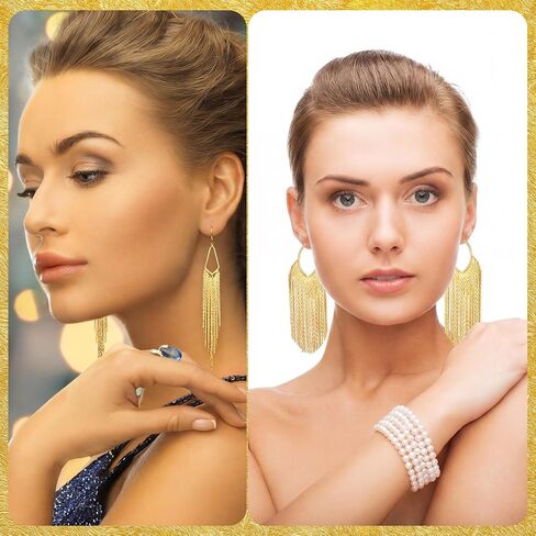 Nosiny 6 Pairs Long Tassel Dangle Earrings for Women Gold Long Chain Drop Fringe Earrings Set Hypoallergenic Statement Jewelry for Party Prom Women Wedding Gifts in Kuwait