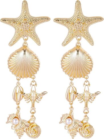 Mantveil Seashell Starfish Earrings for Women, Gold Beach Sea Shell Drop Dangle Earrings, Beachy Ocean Coastal Summer Vacation Jewelry Gifts for Women in Saudi Arabia