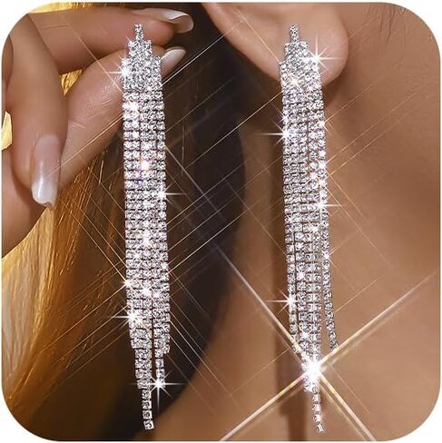 Silver Shiny Rhinestone Long Tassel Dangle Earrings for Women Trendy, Unique Bling Zirconia Drop Earring Dainty Prom Party Jewelry Accessories Gift in Saudi Arabia