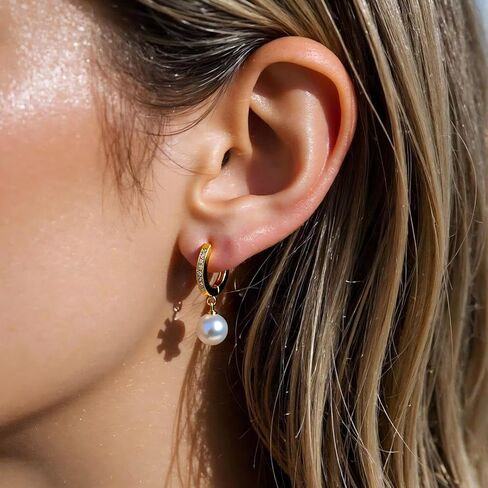 French-style Zirconia and Pearl Earrings in Gold Color for Women, Jewelry Gift for Girlfriend Wife Mom, Elegant for Valentine's Day Christmas Anniversary Birthday in Kuwait
