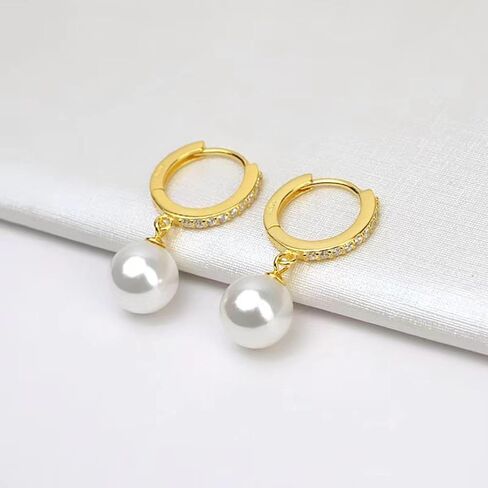 French-style Zirconia and Pearl Earrings in Gold Color for Women, Jewelry Gift for Girlfriend Wife Mom, Elegant for Valentine's Day Christmas Anniversary Birthday in Kuwait