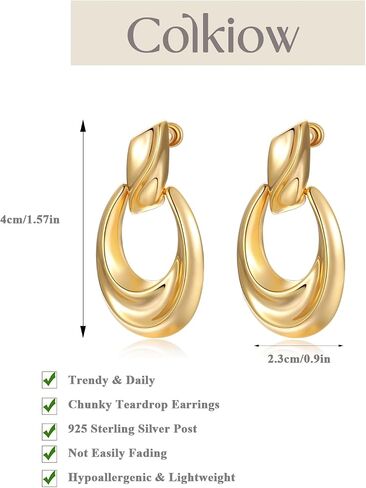 Chunky Gold Drop Earrings for Women,14K Gold Plated Dangle Earrings | 925 Sterling Silver Posts, Lightweight Statement Twisted Earrings,Hypoallergenic Jewelry Gift in Saudi Arabia