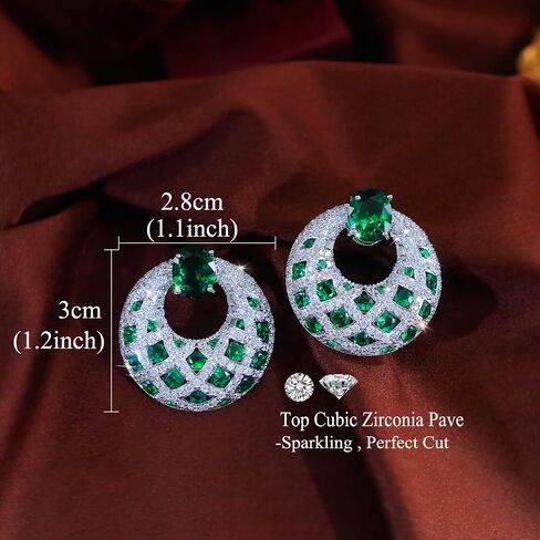 Emerald Green Cubic Zirconia Crystal Big Round Drop Earrings for Women, Chunky Statement Wedding Bridal Party Jewelry in Saudi Arabia