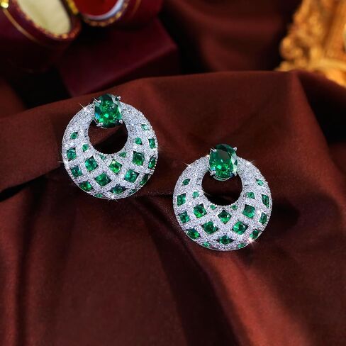 Emerald Green Cubic Zirconia Crystal Big Round Drop Earrings for Women, Chunky Statement Wedding Bridal Party Jewelry in Saudi Arabia