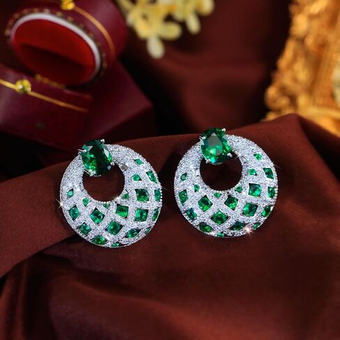 Emerald Green Cubic Zirconia Crystal Big Round Drop Earrings for Women, Chunky Statement Wedding Bridal Party Jewelry in Saudi Arabia