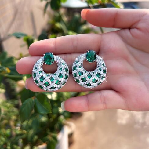 Emerald Green Cubic Zirconia Crystal Big Round Drop Earrings for Women, Chunky Statement Wedding Bridal Party Jewelry in Saudi Arabia