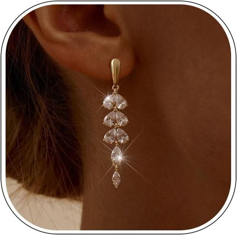 SHERLOVE Gold Dangle Earrings Women Cubic Zirconia Bridal Wedding Jewelry | 14K Gold Plated Dangling Drop,Dainty Elegant Fancy Formal,Hypoallergenic Lightweight Non tarnish in Saudi Arabia