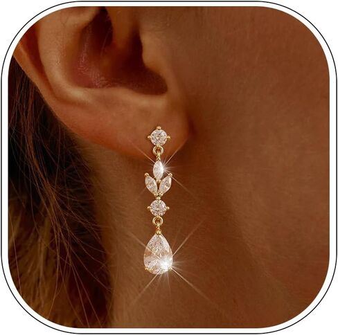 SHERLOVE Gold Dangle Earrings Women Cubic Zirconia Bridal Wedding Jewelry | 14K Gold Plated Dangling Drop,Dainty Elegant Fancy Formal,Hypoallergenic Lightweight Non tarnish in Saudi Arabia