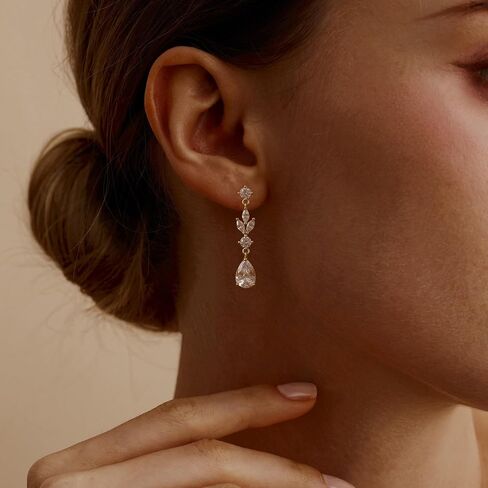 SHERLOVE Gold Dangle Earrings Women Cubic Zirconia Bridal Wedding Jewelry | 14K Gold Plated Dangling Drop,Dainty Elegant Fancy Formal,Hypoallergenic Lightweight Non tarnish in Saudi Arabia