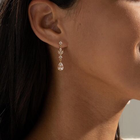 SHERLOVE Gold Dangle Earrings Women Cubic Zirconia Bridal Wedding Jewelry | 14K Gold Plated Dangling Drop,Dainty Elegant Fancy Formal,Hypoallergenic Lightweight Non tarnish in Saudi Arabia