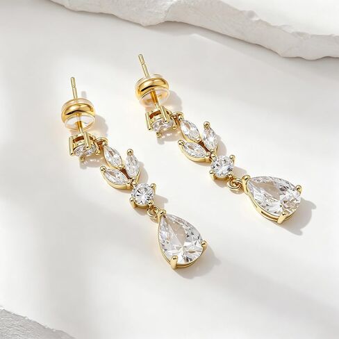SHERLOVE Gold Dangle Earrings Women Cubic Zirconia Bridal Wedding Jewelry | 14K Gold Plated Dangling Drop,Dainty Elegant Fancy Formal,Hypoallergenic Lightweight Non tarnish in Saudi Arabia