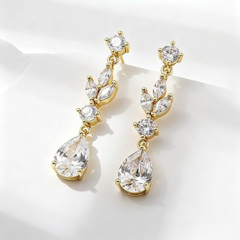 SHERLOVE Gold Dangle Earrings Women Cubic Zirconia Bridal Wedding Jewelry | 14K Gold Plated Dangling Drop,Dainty Elegant Fancy Formal,Hypoallergenic Lightweight Non tarnish in Saudi Arabia