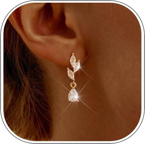 SHERLOVE Gold Dangle Earrings Women Cubic Zirconia Bridal Wedding Jewelry | 14K Gold Plated Dangling Drop,Dainty Elegant Fancy Formal,Hypoallergenic Lightweight Non tarnish in Saudi Arabia