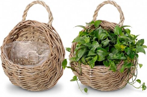 DOITOOL 2 Pcs Hanging Wicker Baskets for Wall, Semi Circular Rattan Hanging Planter Woven Flat Back Wall Mounted Fruit Basket Decor for Indoor Plant Flower Fruit Kitchen Storage in Kuwait