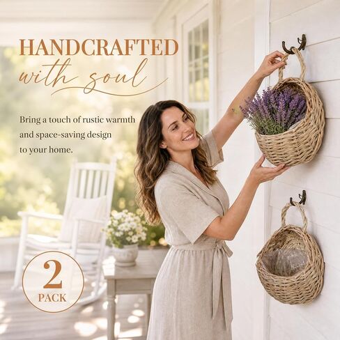 DOITOOL 2 Pcs Hanging Wicker Baskets for Wall, Semi Circular Rattan Hanging Planter Woven Flat Back Wall Mounted Fruit Basket Decor for Indoor Plant Flower Fruit Kitchen Storage in Kuwait