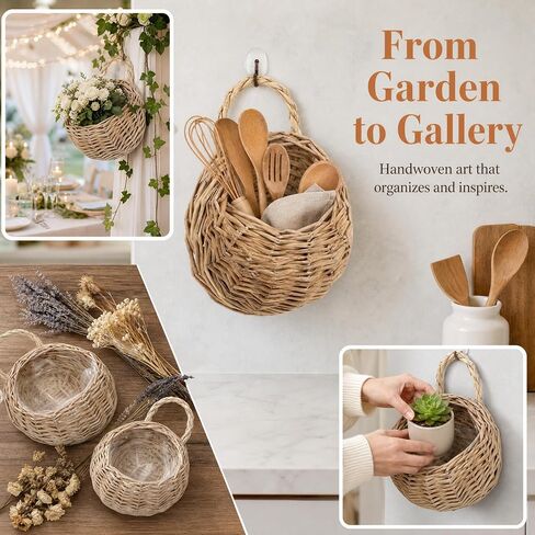 DOITOOL 2 Pcs Hanging Wicker Baskets for Wall, Semi Circular Rattan Hanging Planter Woven Flat Back Wall Mounted Fruit Basket Decor for Indoor Plant Flower Fruit Kitchen Storage in Kuwait