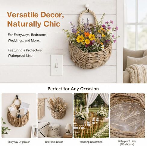 DOITOOL 2 Pcs Hanging Wicker Baskets for Wall, Semi Circular Rattan Hanging Planter Woven Flat Back Wall Mounted Fruit Basket Decor for Indoor Plant Flower Fruit Kitchen Storage in Kuwait