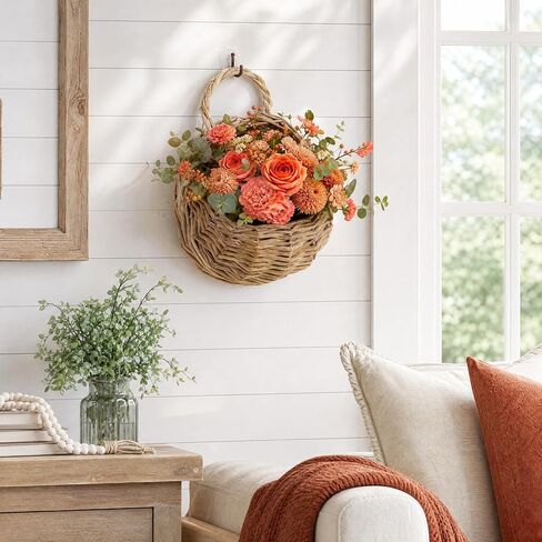 DOITOOL 2 Pcs Hanging Wicker Baskets for Wall, Semi Circular Rattan Hanging Planter Woven Flat Back Wall Mounted Fruit Basket Decor for Indoor Plant Flower Fruit Kitchen Storage in Kuwait