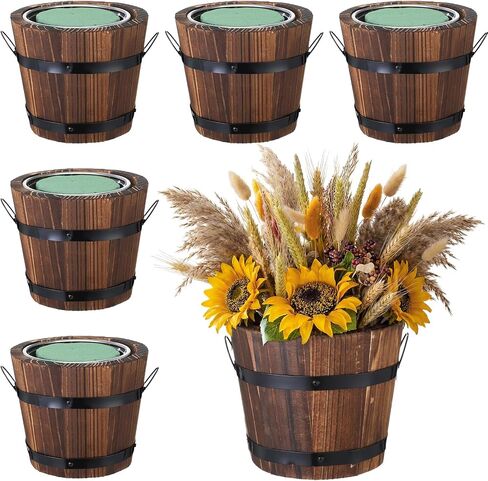 Remerry 6 Pcs Rustic Wood Barrel Planter Boxes with Removable Plastic Liners & Floral Foam Blocks, Farmhouse Decor for Wedding Table, Home, Garden, Kitchen & Party Centerpieces (Classic) in Kuwait
