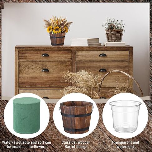 Remerry 6 Pcs Rustic Wood Barrel Planter Boxes with Removable Plastic Liners & Floral Foam Blocks, Farmhouse Decor for Wedding Table, Home, Garden, Kitchen & Party Centerpieces (Classic) in Kuwait