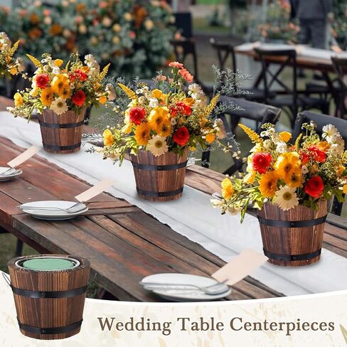 Remerry 6 Pcs Rustic Wood Barrel Planter Boxes with Removable Plastic Liners & Floral Foam Blocks, Farmhouse Decor for Wedding Table, Home, Garden, Kitchen & Party Centerpieces (Classic) in Kuwait